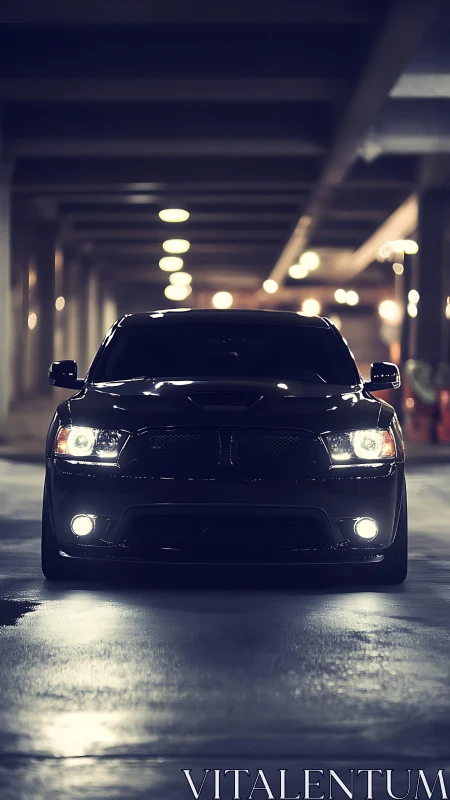 Black muscle car dominates moody underground garage scene.