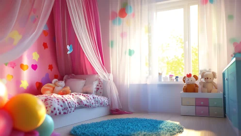 Sunlit pastel kids’ bedroom glows with playful heart decor