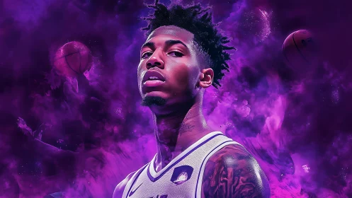 Neon vapor basketball portrait in magenta atmospheric field.