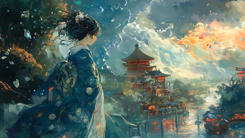 Kimono-clad wanderer surveys luminous riverside temple city.