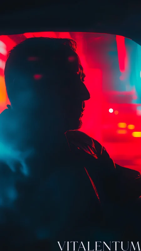 Silhouetted driver sits in neon red and blue city glow.