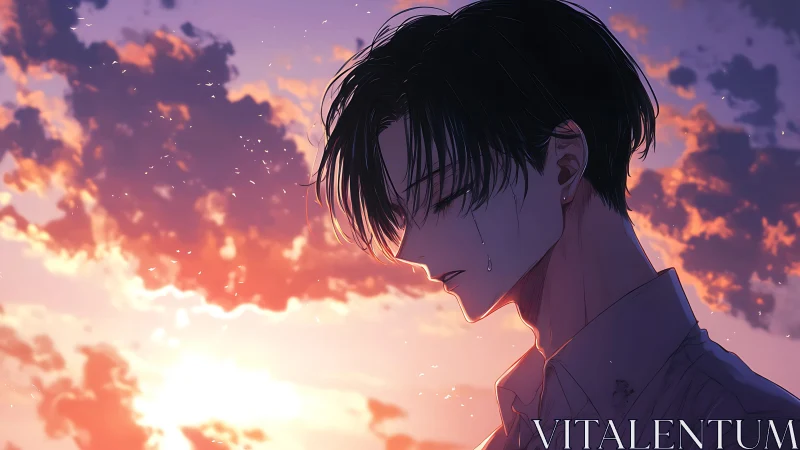 Sunset tears tracing a solitary anime boy in profile.