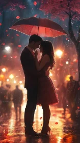 Couple kissing under red umbrella in rain