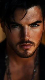 Intense male portrait in dramatic warm chiaroscuro lighting.