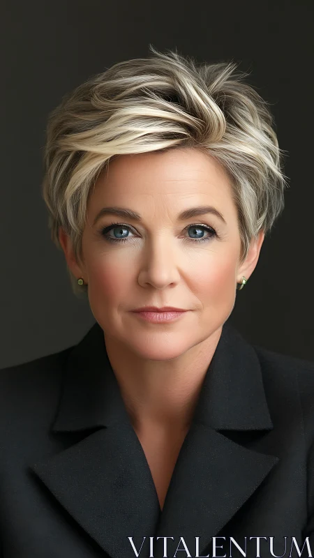 Woman with short highlighted hair looks directly at camera