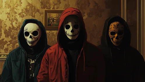 Three hooded skull masks stand in dim hallway shadows