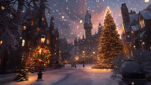 Snowy medieval square shows illuminated Christmas tree at dusk