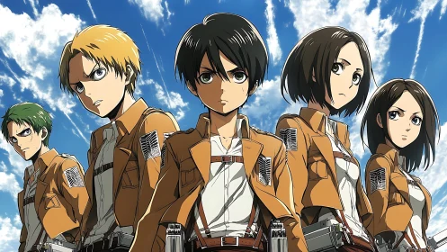 Anime squad portrait under dynamic sky, cel-shaded composition.