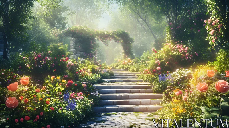 Formal garden pathway with flowering boundaries and architectural elements.