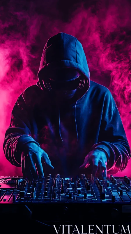 Hooded night architect bends neon smoke into pulsing beats