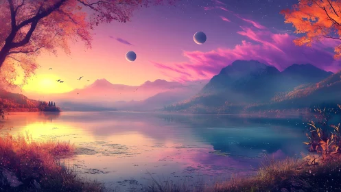 Alien twilight over tranquil lake and distant twin moons
