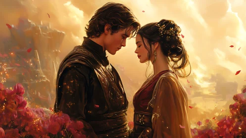 Romantic couple in fantasy landscape surrounded by glowing red flowers