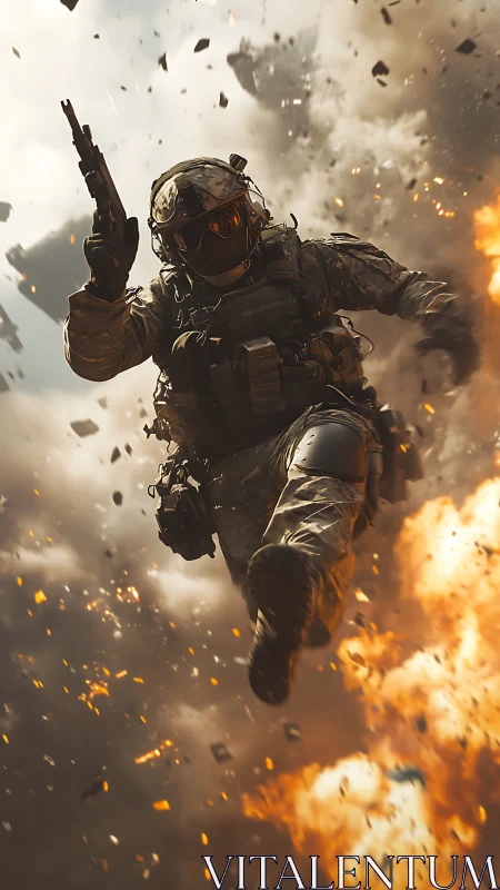 Blasting Forward: Lone Soldier Diving Through Firestorm.
