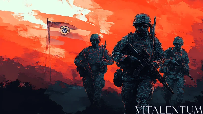 Digitally stylized Indian soldiers advancing before tricolor flag