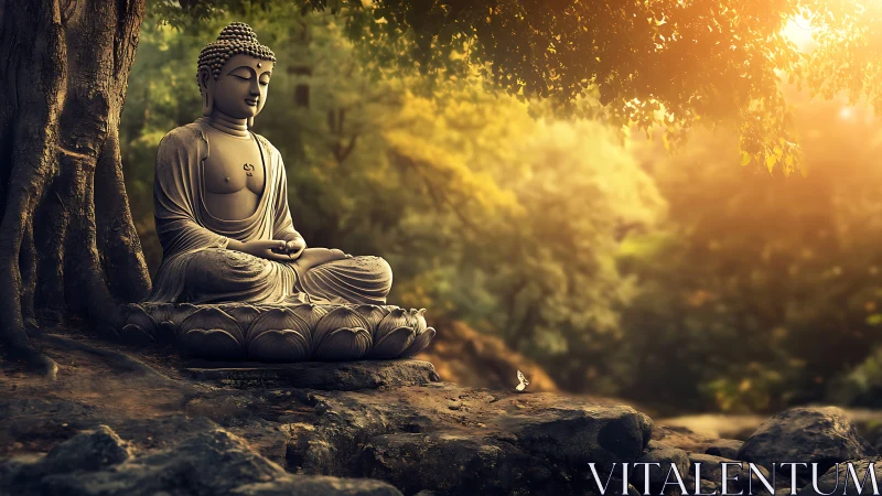 Serene stone Buddha statue under tree in warm forest light.