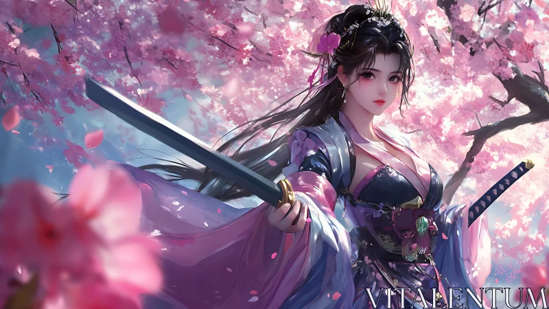 Sword-wielding sakura warrior rendered in luminous anime style