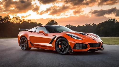 Sunset glow on a vivid orange sports car at rest.