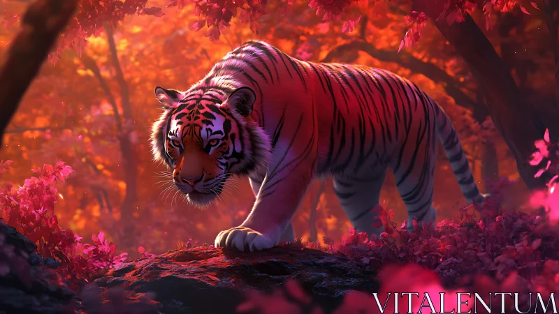 Spectral tiger traversal through chromatic forest radiance.