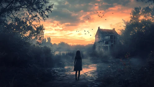 Girl faces ruined house across misty dusk river. Period.
