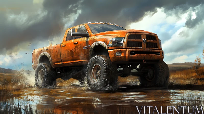 Lifted orange off-road truck powers through muddy terrain.