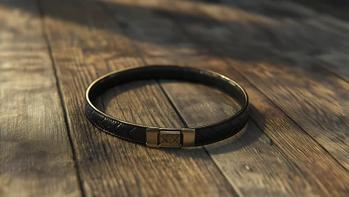 High-poly PBR render of quilted leather collar on worn planks