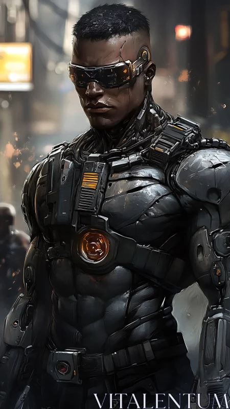 Cybernetic urban soldier with armored exosuit and visor.