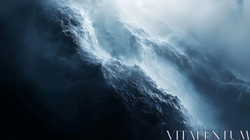 Dramatic Ocean Waves in Moody Blue Light, Digital Art Style.