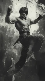 Monochrome martial artist executing elevated kick pose.