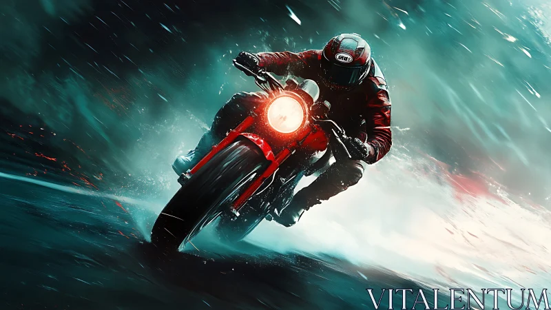 Rain-soaked night ride with a fearless red motorcyclist.