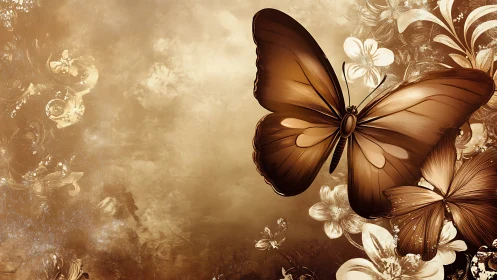 Gentle sepia butterfly drifts above softly glowing flowers