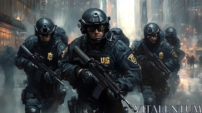 Urban tactical police squad advancing through misty city street