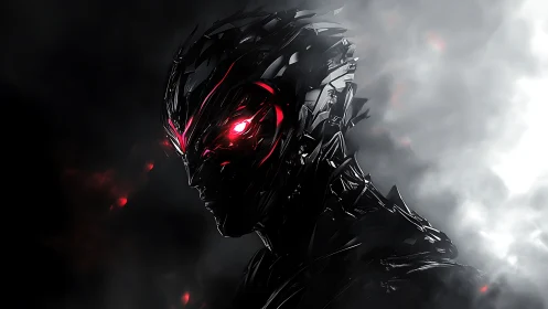 Shattered metal phantom gazes out with molten ruby eyes