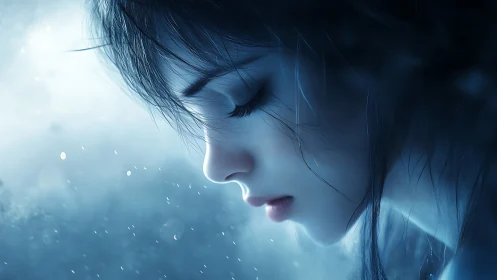 Melancholic blue portrait of young woman in soft light.