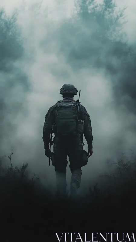 Lone soldier walking through misty forest in quiet resolve.