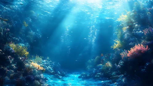 Sunlit coral canyon reveals immersive underwater depth field