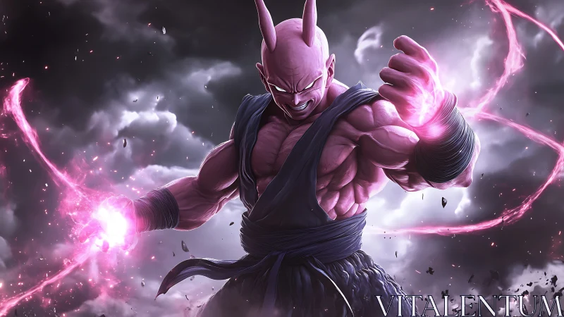 Pink humanoid figure channeling energy in stormy sky.