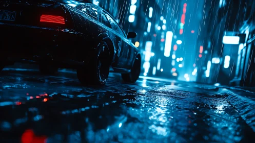 Nocturnal rain-soaked street with rear-lit sports sedan in motion.