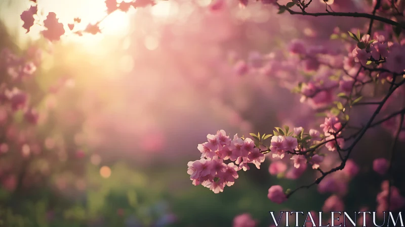 Pink Blossoms Glowing in Golden Hour Dreamscape