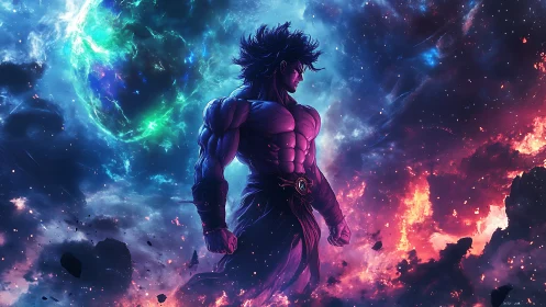 Cosmic warrior pauses as galaxies burn and bloom around him