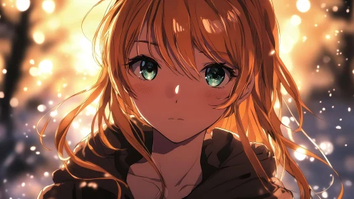 Golden hour anime girl portrait with snow bokeh lighting
