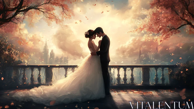 Bride and groom share a close embrace on a balcony at sunset