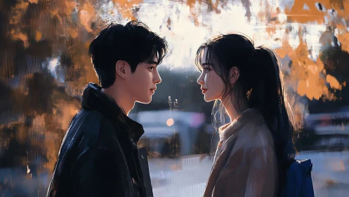 Two digital portraits face each other in an autumn setting