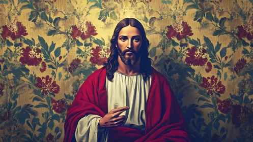 Gentle robed figure offers calm blessing before floral wall