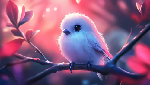 Adorable fluffy white bird on branch in dreamy pastel light.