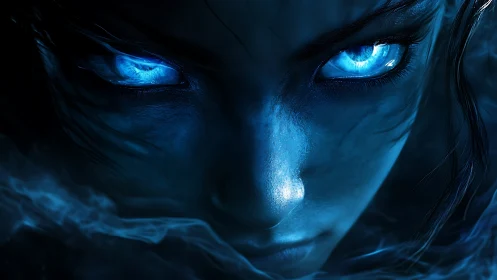 Close frontal view shows blue illuminated eyes in darkness