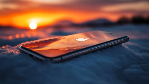 Smartphone lies on snow surface reflecting vivid sunset sky