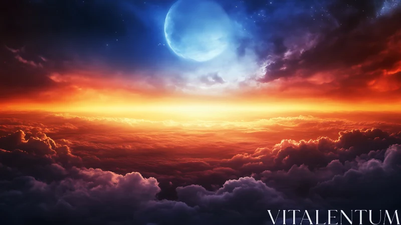 Contrasting moonlit sky and cloudscape form a dual color horizon