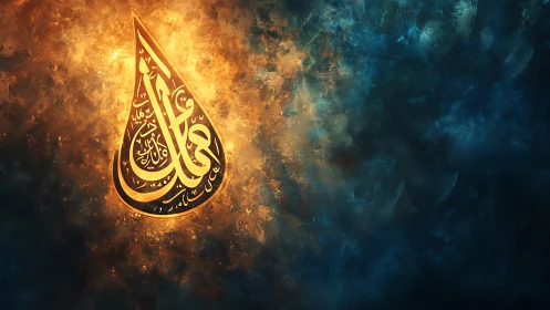 Luminous Arabic calligraphy teardrop ignites celestial dusk.