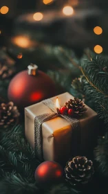 Golden gift glows softly among pine, candlelight, and baubles