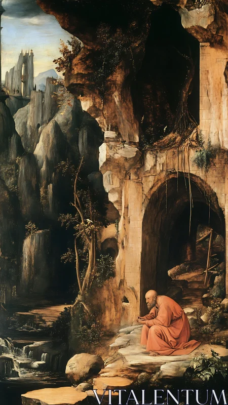 Hermit in ember robes listening to the river&rsquo;s stone hymn.